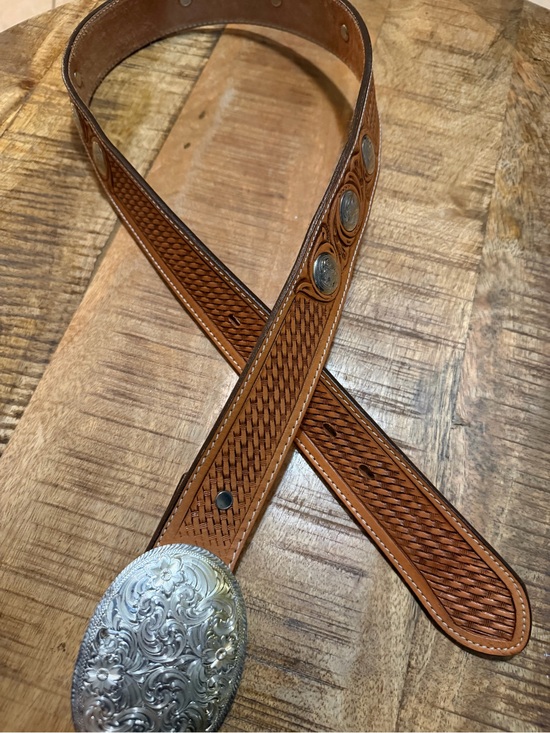 Texas Montana Accessories - Vintage Montana Silversmiths Silver Plate Buckle Tooled Leather Belt 36” Western